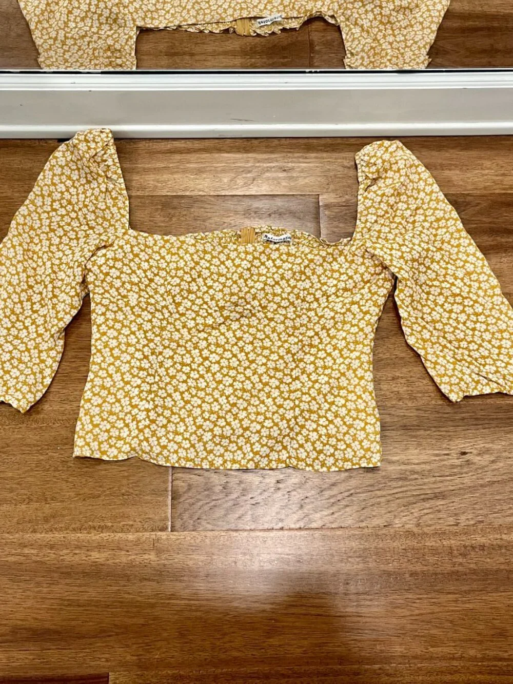 Reformation Floral Puff Sleeve Square Neck Top Size 12 Yellow White